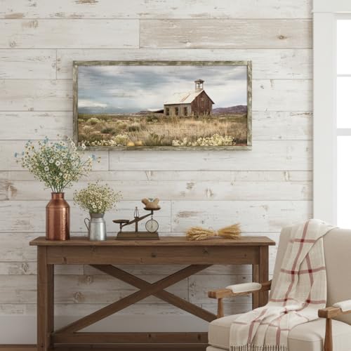 Country Wall Art Framed Picture: Large Farmhouse Old Barn Wood Painting Decor Rustic Bedroom Living Room Farm Scene Print Horizontal Panoramic Nature Landscape Countryside View Artwork for Home - color: Farm 02, size: 40"L x 20"W