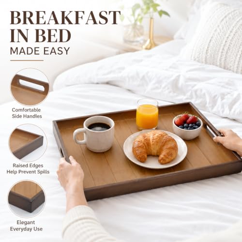 Bamboo Serving Tray with Handles (16 Inches) - Wooden Ottoman Tray for Coffee Table, Breakfast in Bed, Charcuterie - Decorative Food Tray for Living Room, Kitchen and Home Decor