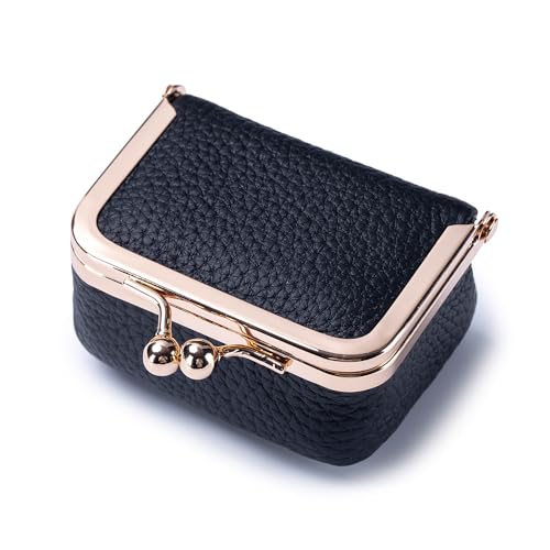 Genuine Leather Mini Jewelry Box for Women, Travel Jewelry Case with Kiss Lock, Portable Jewelry Organizer for Earrings, Rings, Necklace, Bracelet, Ideal Gift for Her (Black-L 2.95in) - color: Black - 2.95in