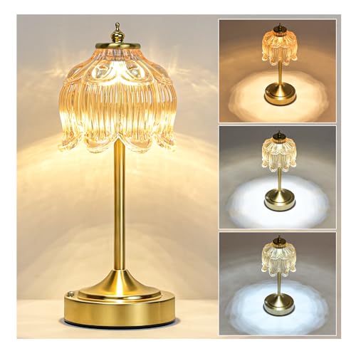Amber Glass Flower Lamp, Rechargeable Cordless Table Lamp - color: Amber