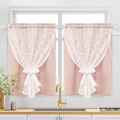 ASPMIZ Linen Pink Kitchen Tier Curtains 36 Inch Length, Double Layered Kitchen Curtain with Linen and Lace, Rod Pocket Window Curtains with Tiebacks, Boho Window Treatments for Bathroom Cafe, 2 Panel - color: Light Pink, size: 26"W x 36"L (Pack of 2), sty