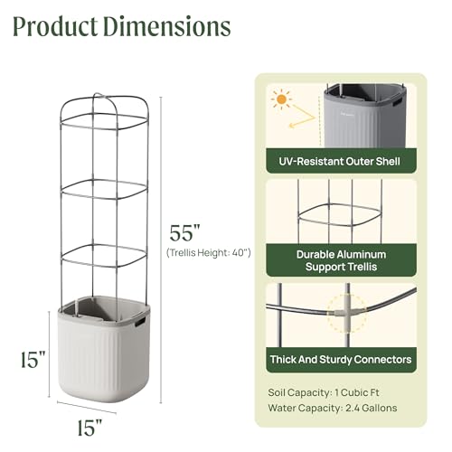 Vego garden Planters for Outdoor & Indoor Plants, Large Plant Pots with Self Watering, 15" Tall Large Plant Pots with Trellis for Flowers Plants Decor, Cream White - color: Cream White