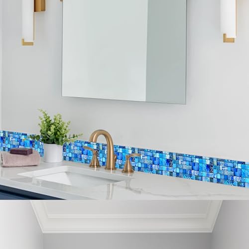 HOMETITUTE Peel and Stick Wallpaper Border 4x196in Blue Mosaic Pattern - color: blue texture#1