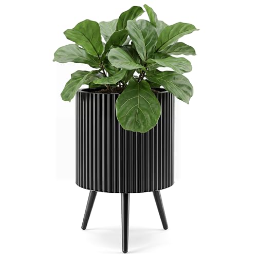 GIANTEX 14 Inch Plant Pot with Stand, Mid-Century Modern Fluted Planter - size: 14"×21"H