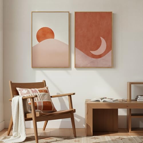 Framed Boho Terracotta Sun and Moon Canvas Wall Art Bedroom, 20x30 Inch - color: Terracotta Blush, size: 16" W x 24" H x 2Pcs