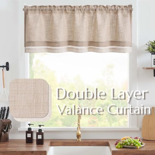 jinchan Kitchen Valance Curtain Double Layers, 50x16, 1 Panel, Warm Beige - color: Double Layer | Warm Beige, size: 50"W x 16"L (Pack of 1)