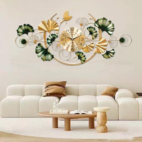 Large Wall Clock for Living Room, 47" Metal Ginkgo Leaf Wall Decor