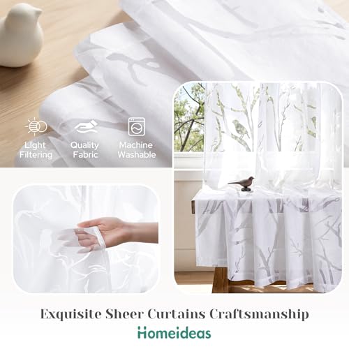 HOMEIDEAS White Semi Sheer Curtains 84 Inches Long,Birds on Branch,2 Panels - color: White - Birds on Branch, size: 52"W x 84"L (Pack of 2)