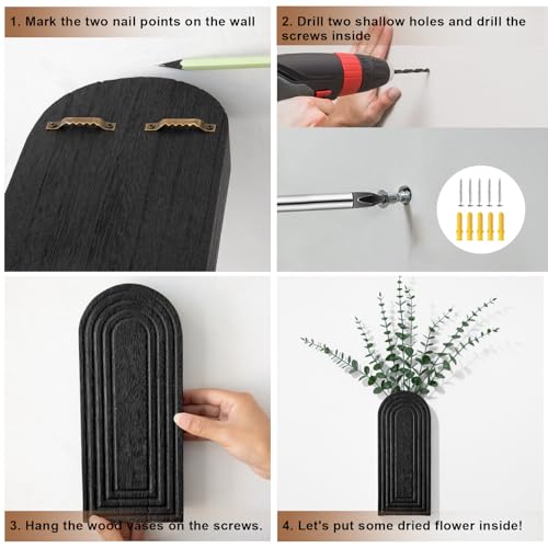 Handmade Wooden Wall Vases Set of 2 for Plants - color: Black