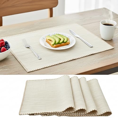 Dining Table Placemats with Decorative Stitched Edge Textured Organic Cotton Cloth Kitchen Table Mats Machine Washable Woven Fabric Dinner Mats Washable Table Plate Mats Cream White 14”x20” Set of 4 - color: Beige, size: 14"x 20"