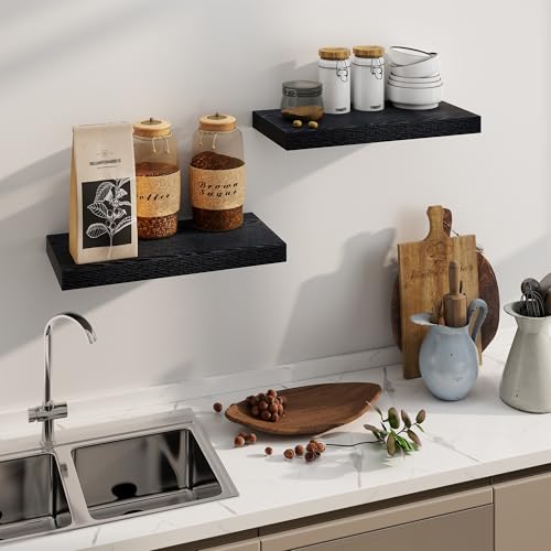 Fun Memories Rustic Black Floating Shelves 24 Inch Long, 8 Inch Deep Floating Shelf, 24 x 8 Wall Shelves Set of 2, Deep Black Bathroom Shelves, 24 Long Floating Bookshelf Wall Mounted - color: Black, size: 24"W x 8"D