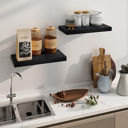 Fun Memories Rustic Black Floating Shelves 24 Inch Long, 8 Inch Deep Floating Shelf, 24 x 8 Wall Shelves Set of 2, Deep Black Bathroom Shelves, 24 Long Floating Bookshelf Wall Mounted - color: Black, size: 24"W x 8"D