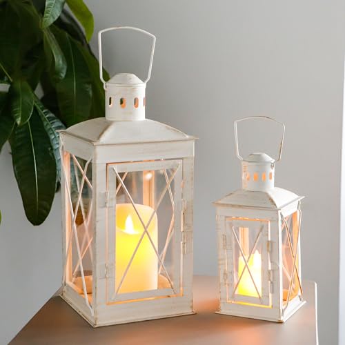 TRIROCKS Set of 2 Decorative Candle Lantern 12'' & 8'' High Metal Candle Holder Hanging Lantern Perfect for Home Decor Patio Living Room Parties Events Tabletop Indoors Outdoors (White) - color: White