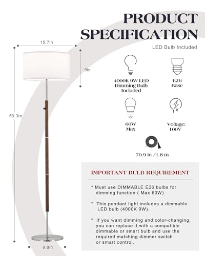 ELYONA Dimmable Floor Lamp Walnut Wood Grain & Brushed Nickel Standing Lamp Mid Century Modern Coner Pole Lamp with White Fabric Shade & Rotary Switch for Living Room Bedroom Office,LED Bulb Included - color: Walnut Wood Grain & Brushed Nickel
