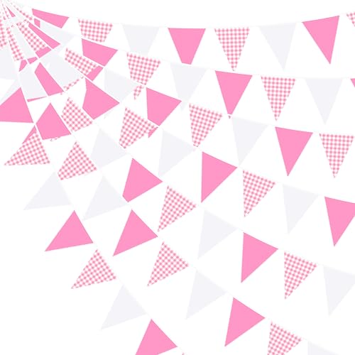 32Ft Pink Gingham Party Decorations Hot Pink Plaid Checkered Pennant Banner Fabric Triangle Flag Bunting Garland Streamers for Bow Birthday Strawberry Cherry Princess Picnic Party Decor Supplies - color: Pink Checkered