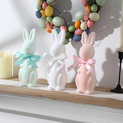 FestalMart Easter Decorations-3 Pack Flocked Bow Tied Bunny Set- Pastel Bunny Decor for Spring Home Shelf Mantel Table Windowsill Party Decor