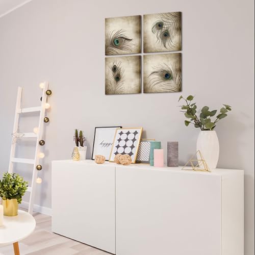 KLVOS 4 Panel Canvas Wall Art Vintage Style Peacock Feathers Picture Giclee Print Animal Artwork for Bathroom Living Room Home Art Ready to Hang