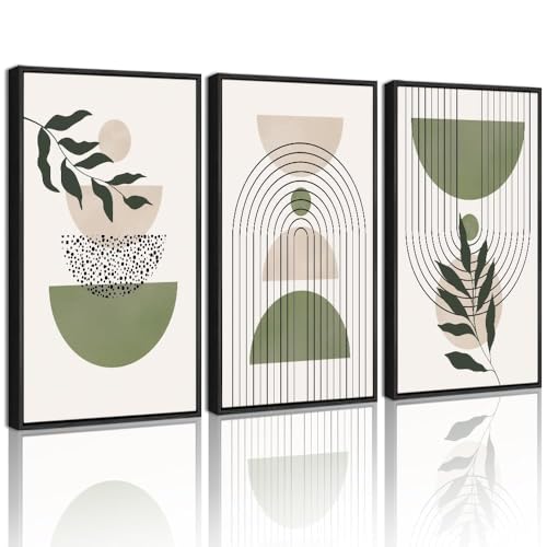 Drsoum Large 16x24in Green Botanical Boho Wall Art Framed Modern Sage Bohemian Wall Decor Abstract Geometry Lines Prints Ready to Hang Black Framed - color: Green Bohemain, size: 16" x24" x3pcs, Black Framed
