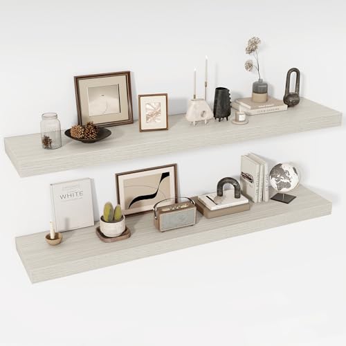 Acovy 55 Inch Floating Shelves, 12" Deep Floating Shelf Wall Mounted, 55" Wall Shelves, Rustic Deep Bookshelf, Extra Deeper & Thicker Display Shelves for Bedroom, Living Room, Gray, Set of 2 - color: Grey, size: 12"Wx55"L-2pcs