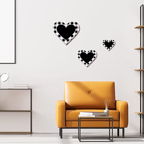 Jetec 3 Pcs Wood Heart Wall Decor Farmhouse Plaque, Black Heart Plaid - style: Rustic