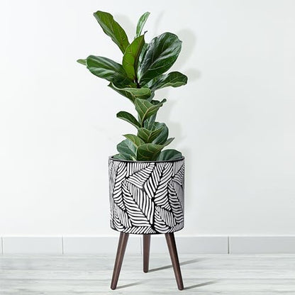 D'vine Dev 12 Inch Planter Pot with Wood Stand, White/Grey, 88-L-C-7 - color: White/Grey, size: Large