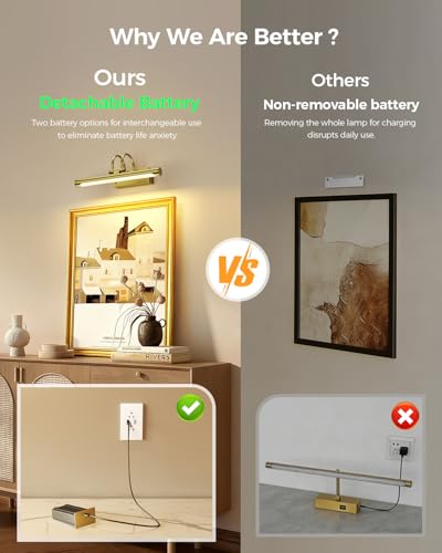 Wireless Rechargeable Picture Light with Remote, 12.6″ Battery Operated Art Gallery Wall Light, Dual 5000mAh Batteries, Dimmable with Timer, Adjustable Design, Electroplated Gold Finish - color: Battery Operated-Brass, size: 12.6 Inch