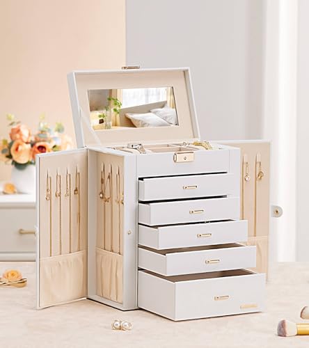 Homde Jewelry Box Large for Women: 6 Layers Organizer with 5 Drawers - color: White