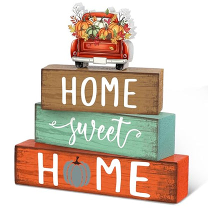 Cinnvoice 4 Pcs Fall Truck Pumpkin Wooden Block Decor Farmhouse Tiered Tray - style: Fall Pumpkin
