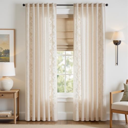 jinchan Floral Linen Curtains, Back Tab 50x84 Inch, 2 Panels Ivory - color: Vine | Ivory, size: 50"W x 84"L (Pack of 2)