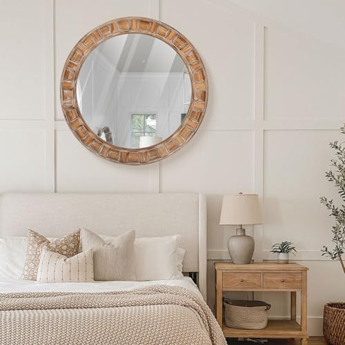 30 Inch Brown Solid Wood Round Wall Mirrors - color: B - Circle - 30x30 in