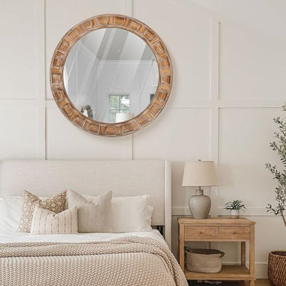 30 Inch Brown Solid Wood Round Wall Mirrors - color: B - Circle - 30x30 in
