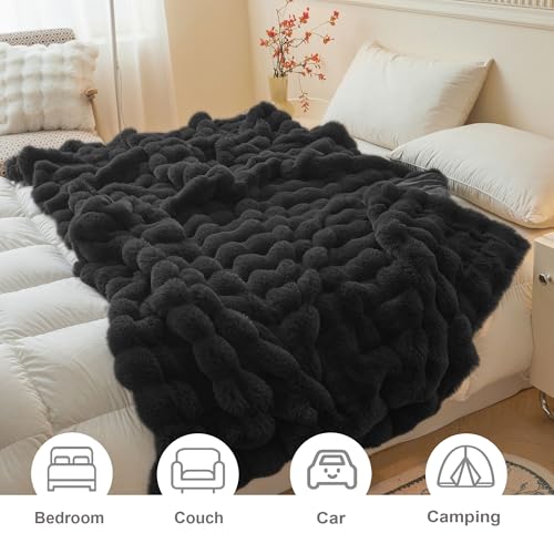 LIFEREVO Luxury Fluffy Faux Rabbit Fur Throw Blanket 50x60, Black - color: Black, size: 50" X 60"