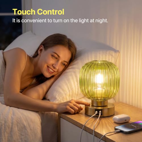 Elenhome Touch Small Table Lamp,Elegant Green Glass Bedside Lamp 3 Way Dimmable with USB C+A Charging Ports - Bedroom Nightstand & Living Room Essential, 4W Bulb Included (Green) - color: Green-USB1pack