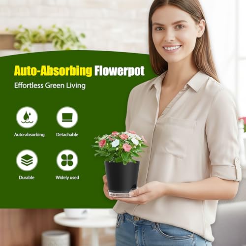 Plant Pots 5 Inch Self Watering Pots,6 Pack Plastic Planters with Drainage Holes and Clear Saucers,Plastic Flower Pots,Nursery Planting Pot for Indoor Out Door Plants (Black) - color: Black, size: 5 inch