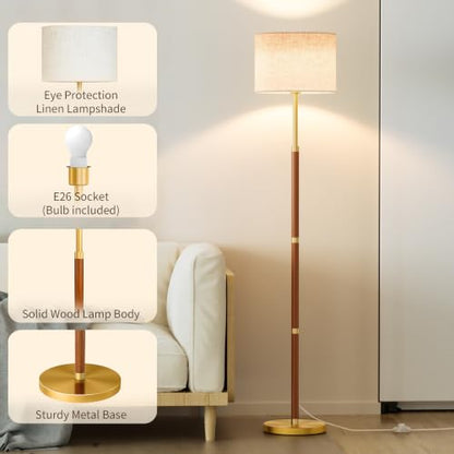 SIBRILLE 62" Mid Century Modern Wood Floor Lamp with Remote & Foot Switch