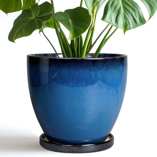 8 Inch Planter - Ceramic Plant Pot with Drainage Hole and Tray Round Planter Modern Flower Pot for Room Home Office Patio Porch Garden Decor Blue - color: Reactive Glaze Blue, size: 8 Inch