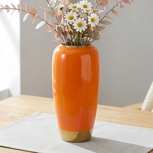 Orange Ceramic Vase for Table, 11.8 Inch Tall