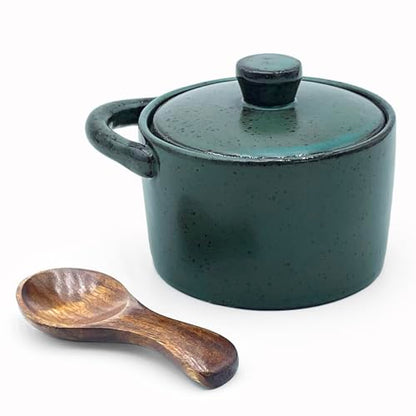8 oz Ceramic Salt Cellar with Lid & Wooden Spoon,Countertop Salt Container,Sugar Bowl,Spices Jar| Artisan Kitchen Decor(Green) - color: Green A