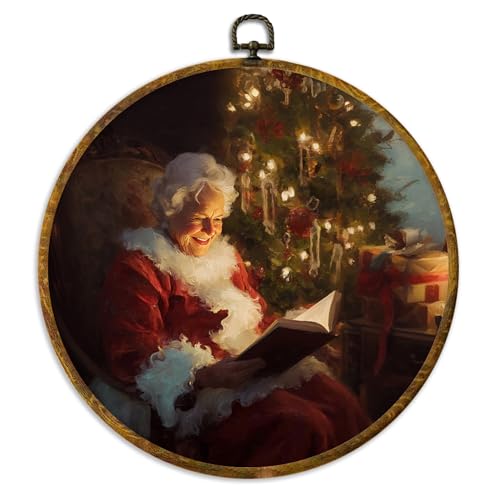 XPH Christmas Mrs Claus Reading Round Wall Art Framed, Christmas Circle Wall Decor, Retro Winter Santa Claus Xmas Hanging Canvas Prints for Home Bedroom Reading Room Decoration, 10x10 Inch - color: Christmas 29