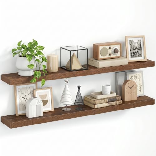 1.5" Thick Floating Shelves for Wall, 48"x6.5" Wall Mounted Shelf, Wall Storage Shelf,No Sag,Easy Install Wood Grain Shelf for Bedroom, Kitchen, Living Room & Hallway,Rustic Brown,Pack of 2 - color: Rustic Brown, size: 48"x 6.5"-Pack of 2
