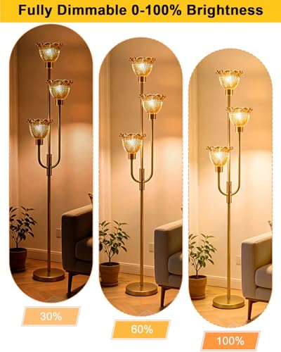 Glass Floor Lamp 66IN 3-Light Modern Amber Glass Gold Dimmable Floor Lamps - color: Amber Flower-Gold