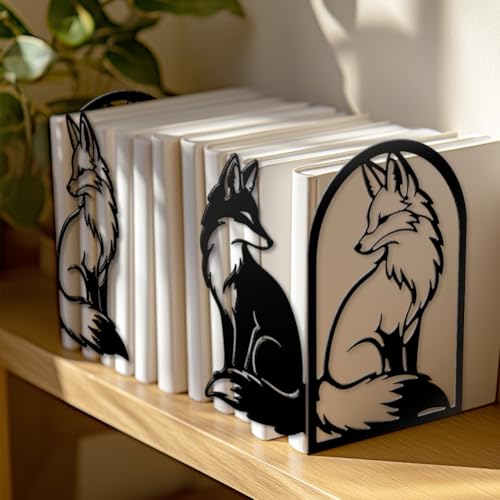 Peacoblue 5.5"x4.3"x8.3" Metal Bookends, Heavy Duty Book Ends for Shelves - style: Black and White Fox