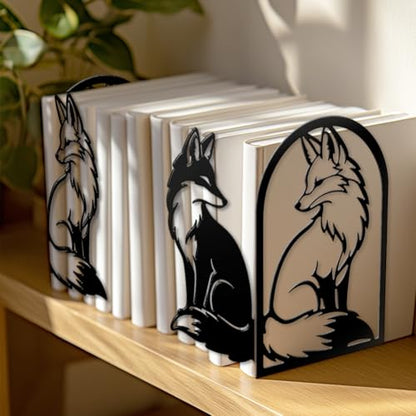 Peacoblue 5.5"x4.3"x8.3" Metal Bookends, Heavy Duty Book Ends for Shelves - style: Black and White Fox