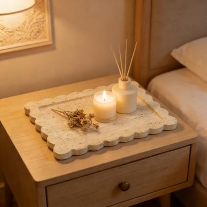 Real Natural Scalloped Travertine Tray, Beige Travertine Stone Tray, Luxury Rectangle Marble Catchall Decorative Tray for Vanity Bathroom Kitchen Coffee Table Jewelry Perfume Home Decor