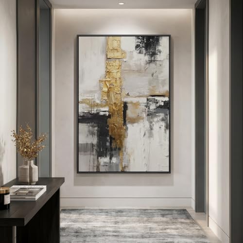 Extra Large Framed Black White Gold Abstract Wall Art, Vertical 40x60 In - color: Black and White Gold A, size: 60"L x 40"W