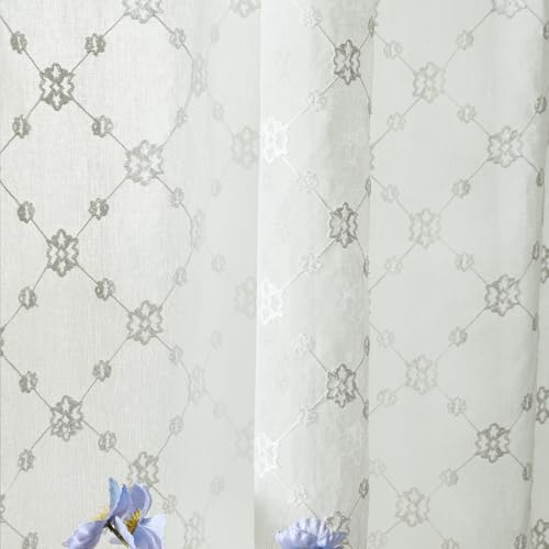 VOGOL Geometric Embroidered Sheer Curtains, Voile Drapes, 52 x 84, 2 Panels - color: Plaid, size: 52"W x 84"L (Pack of 2)