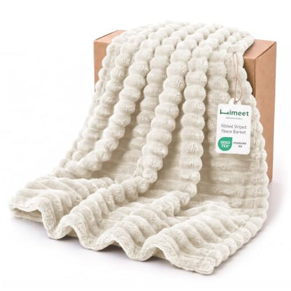 HIMEET Beige Full Size Blanket for Bed, 300GSM Ribbed Fleece, 84 x 90 in - color: Beige, size: Full (84" x 90")