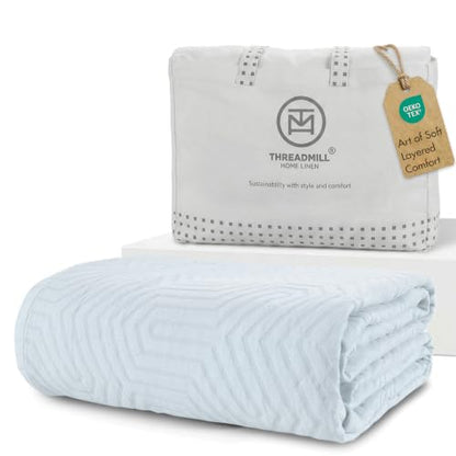 Threadmill Luxury Cotton Blankets for King Size Bed | All-Season Cozy 100% Cotton King Size Blanket | Aster Jacquard Soft & Lightweight Coverlet | Light Blue - color: Aster Light Blue, size: King / Cal King