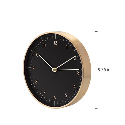 LUUK LIFESTYLE Modern Silent Quartz Wall Clock, 10in, Black & Gold | Chic & Minimalist, Non-ticking, Analog, Arabic numerals, Easy-to-read, Battery operated, for Living Room, Mantel, Foyer - color: Black & Gold, 10"