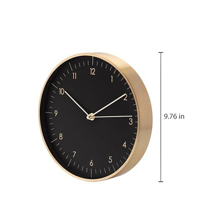 LUUK LIFESTYLE Modern Silent Quartz Wall Clock, 10in, Black & Gold | Chic & Minimalist, Non-ticking, Analog, Arabic numerals, Easy-to-read, Battery operated, for Living Room, Mantel, Foyer - color: Black & Gold, 10"